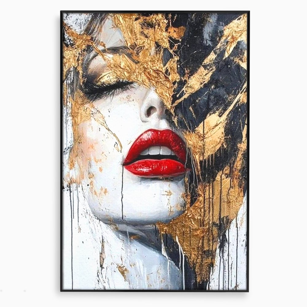 Tablou canvas cu tablou canvas cu chip de femeie si buze rosii, in rama de aluminiu negru